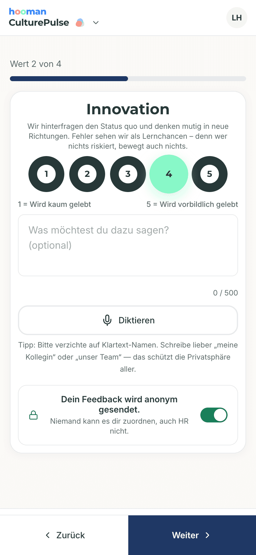 Pulse-Befragung auf dem Smartphone: ein Unternehmenswert wird auf einer Skala bewertet, das Feedback wird anonym gesendet